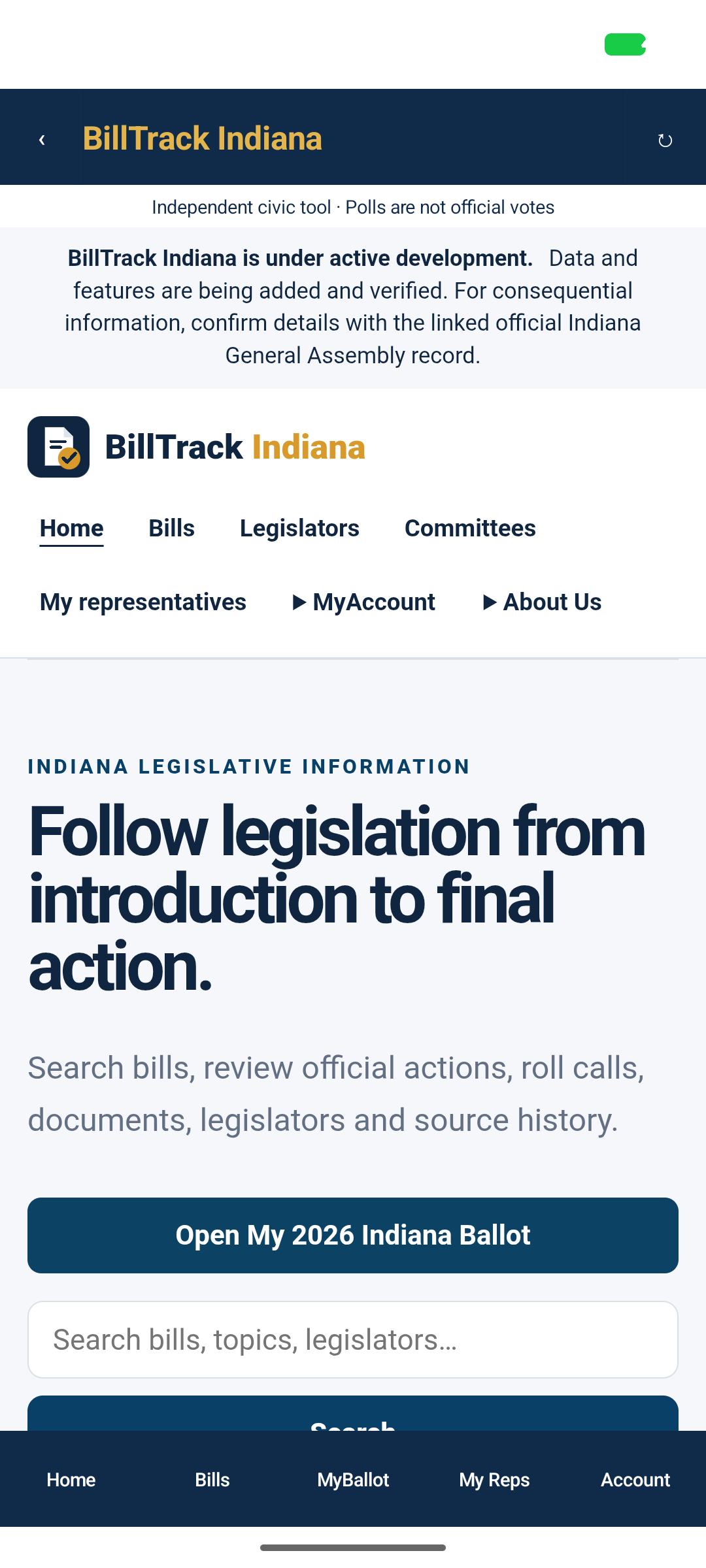 BillTrack Indiana app screenshot
